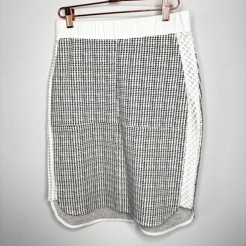 Heather Lambskin Leather Trim Skirt Size S Laser Cut Mesh Paneled Elastic Waist